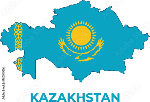 Map of Kazakhstan featuring the national flag with the word KAZAKHSTAN below