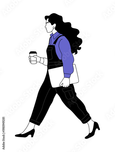 Woman strides confidently, holding coffee and papers. Dark curls flow as she moves with purpose. Casual yet professional, she's on her way. Ideal for business, urban, or commuting visuals