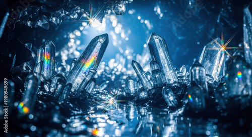 Crystalline structures reflecting rainbow light on a dark blue background