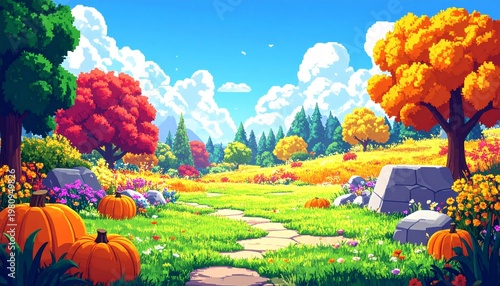 Colorful pixel art landscape with voxel terrain, trees, and pumpkins in bright game-style environment
