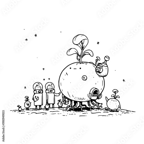 Futuristic alien family standing near their plant covered spaceship on a distant planet at night