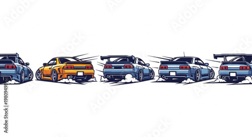 Group of Tuned Sports Cars Driving on a White Background.