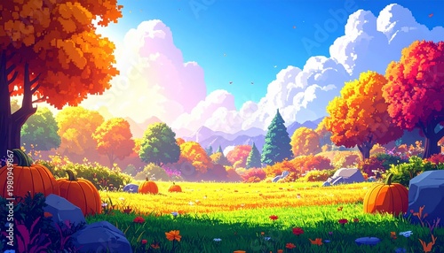 Colorful pixel art landscape with voxel terrain, trees, and pumpkins in bright game-style environment