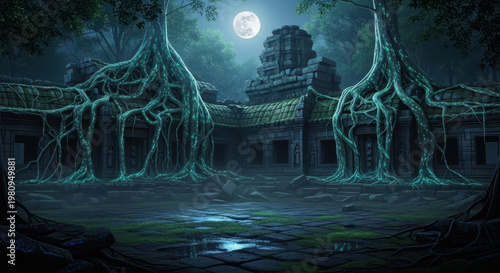 Ancient Temple Overgrown with Glowing Roots Under Moonlight