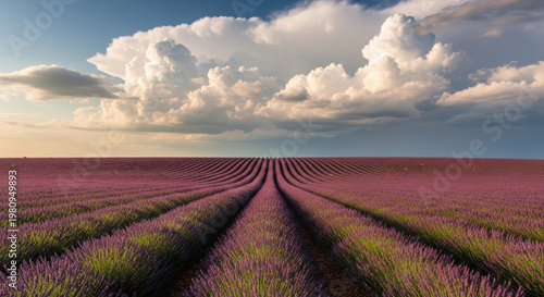 Vast Lavender Fields Under Dramatic Clouds
