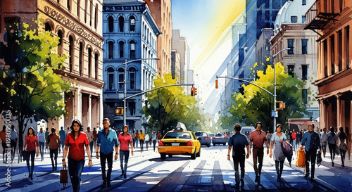 Busy Urban Street Scene with Pedestrians Crossing the Road