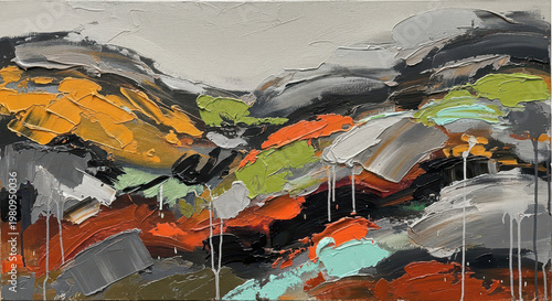 Abstract expressionist painting with dynamic brushstrokes