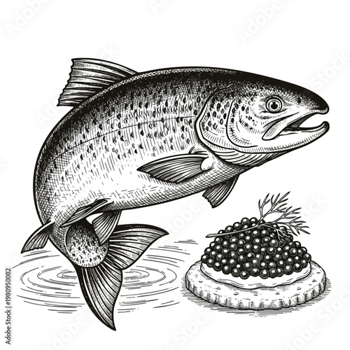 Realistic Illustration of a Fresh Caught Fish and Delicious Caviar on a Plate