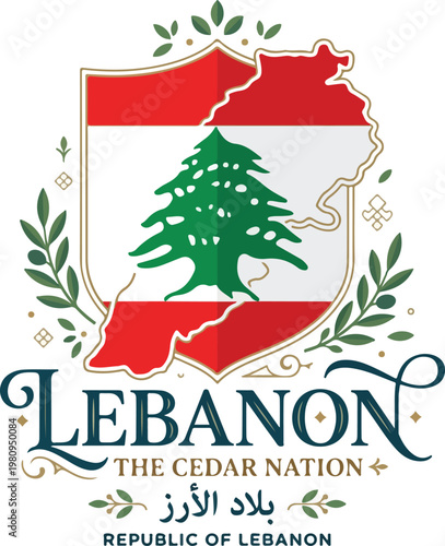 Lebanon The Cedar Nation Emblem with Emblematic Tree and Republic Text