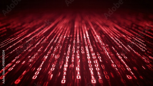 Digital data streams flow rapidly across a dark, abstract plane illuminated with red light