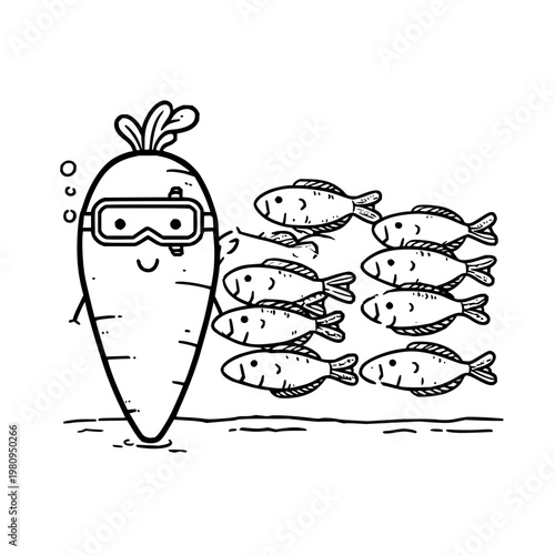 Smiling cartoon carrot in goggles swims with school of fish underwater in black and white illustration