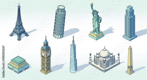 Collection of Famous World Landmarks in Isometric View.