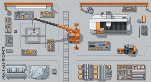 Aerial view of a factory floor with machinery and a crane.