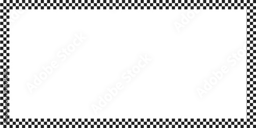 Rectangle frame with checkered print on borders. Rectangular vignette with checkerboard, race flag or chess game pattern isolated on white background. Vector graphic illistration.
