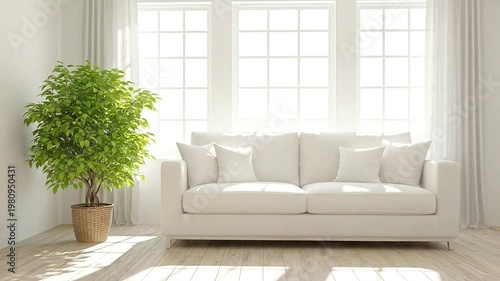 A bright and airy living room with a comfortable sofa and a potted plant near the window