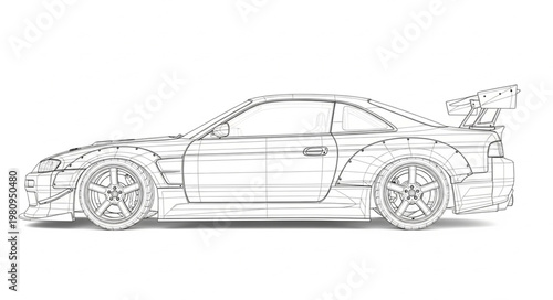 Detailed sketch of a sports car with a large spoiler.