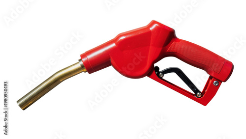 Bild auf Leinwand Isolated vibrant red gas pump nozzle with golden metallic spout for vehicle fuel