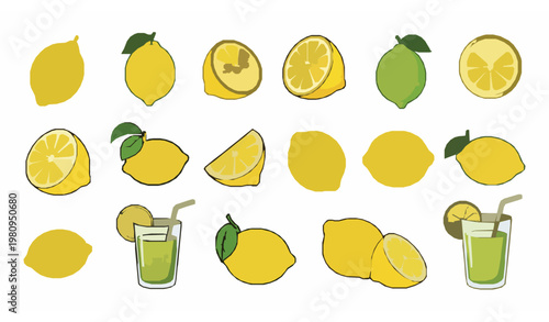 Cute cartoon lemon character vector set with smiling citrus fruits slices and drinks collection