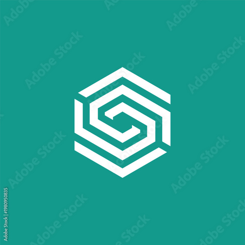 Geometric hexagon symbol with white lines on a teal background - abstract concept