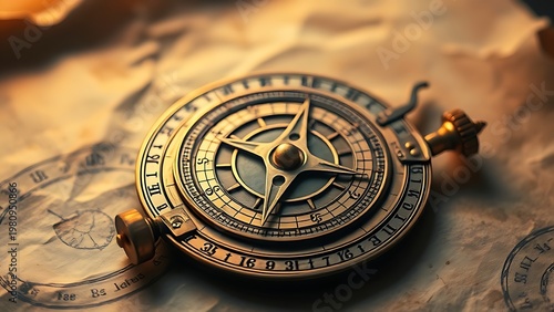 astrolabe. Ancient brass astrolabe resting on aged parchment with warm golden lighting. event programs, museum guides, designed for cultural heritage projects and event programs.
