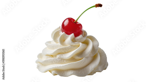 Tableau sur toile Isolated sweet whipped cream dollop with a glossy fresh red maraschino cherry on
