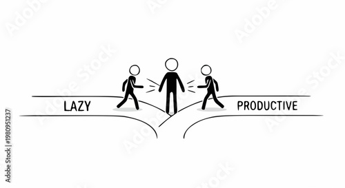 Stick Figure Standing at a Crossroads Between Lazy and Productive Paths Choice Concept