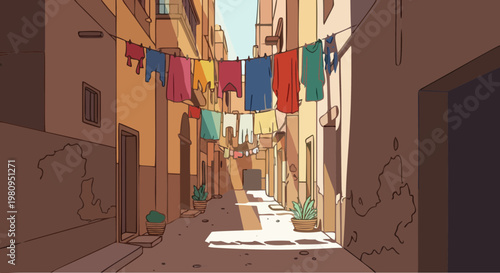 Digital Illustration of a Traditional Narrow Egyptian Alley with Colorful Hanging Laundry