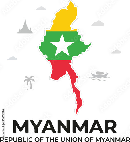 Myanmar Flag and Map Silhouette with Iconic Landmarks Representing Its Rich Culture and Geography