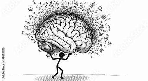 Hand Drawn Sketch of a Stick Figure Carrying a Giant Heavy Brain Representing Overthinking