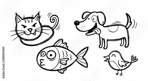 Set of Playful Hand Drawn Doodle Animals Including Cat Dog Fish and Bird