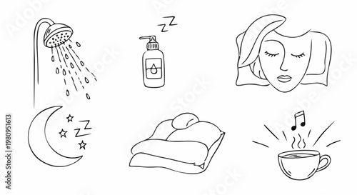 Set of Minimalist Hand Drawn Icons for Self Care Sleep Routine and Relaxation