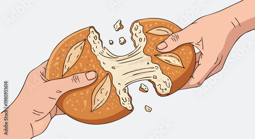 Close Up Illustration of Hands Breaking a Traditional Egyptian Freshly Baked Baladi Bread