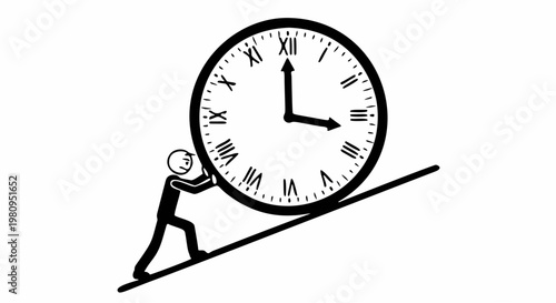 Conceptual Illustration of a Stick Figure Pushing a Giant Roman Numeral Clock Up a Hill