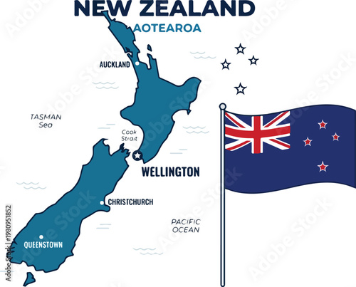 Map of New Zealand with its flag and major cities labeled, showcasing the beautiful country of Aotearoa