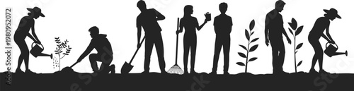 Gardening people silhouettes planting, watering and working with tools, eco lifestyle and agriculture activity concept isolated on white background illustration