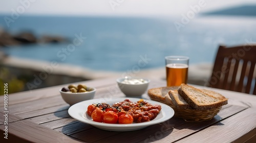 A rustic Mediterranean meal set on a wooden table overlooking the vast blue sea perfect for a summer day outing