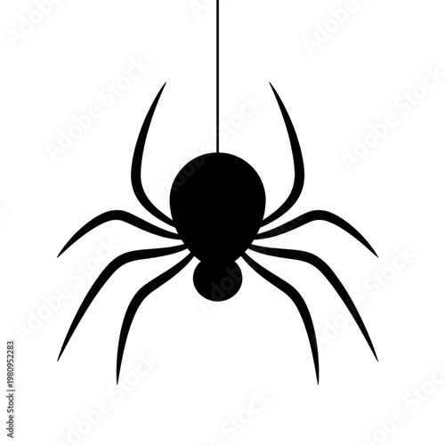Black Spider Hanging from Thread on White Background Silhouette