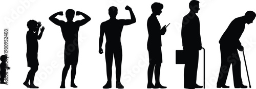 Male life cycle silhouette from childhood to old age, human aging process stages, growth and aging concept isolated on white background