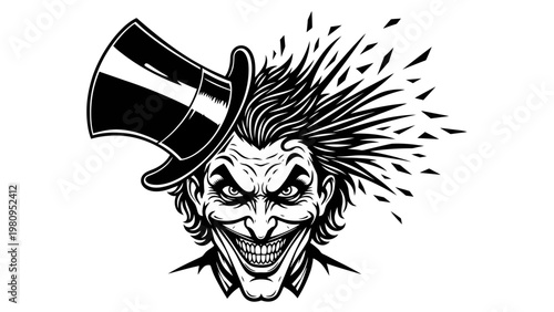Crazy Joker Face with Top Hat, Evil Grin, Black and White Illustration