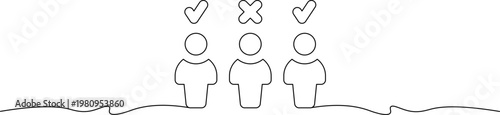 A simple line drawing of three people with symbols above their heads on a plain background