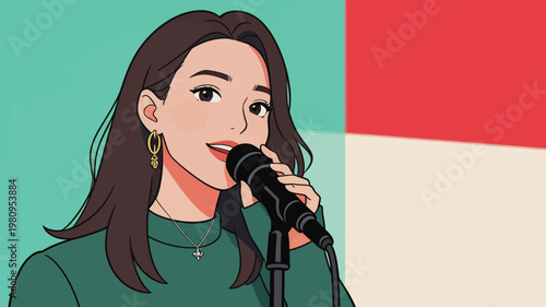 Young Woman Singing with Microphone Illustration