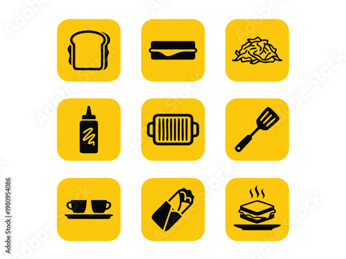 Food Icons Set Yellow Background.