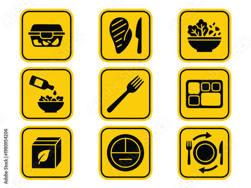 Food Icons Set Yellow Squares.