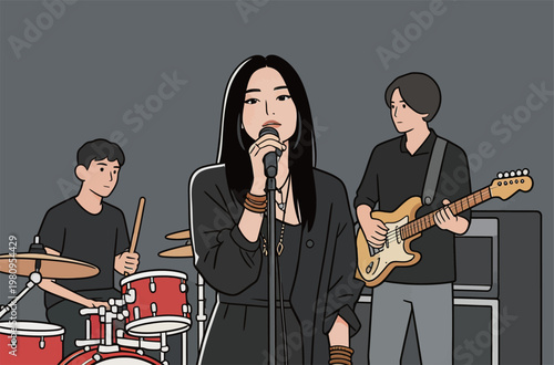 Female Lead Singer Performing with Band Members