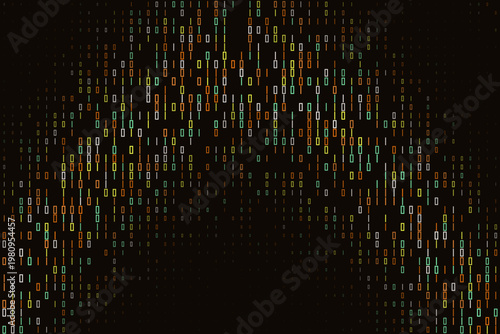 Abstract quantum computing data stream with colorful binary code digits for cybersecurity and blockchain
