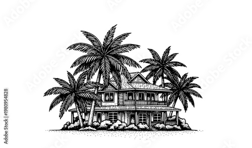Vintage tropical house with palm trees stippling engraving style architectural vector illustration