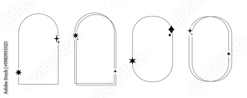 aesthetic frame icon star geometric line shape modern sparkle graphic layout with arch and oval borders. minimalist vector design with thin linear outline and clean spacing