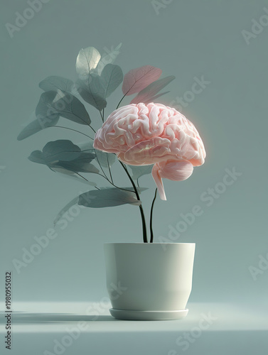 Minimal plant with brain shaped flower in pot on soft background representing creativity and growth concept