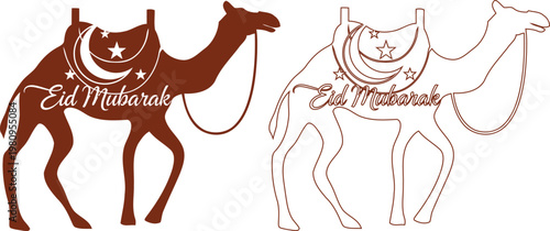 Illustrative depiction of three camels in varying colors and with saddles showcasing desert transportation and animal anatomy