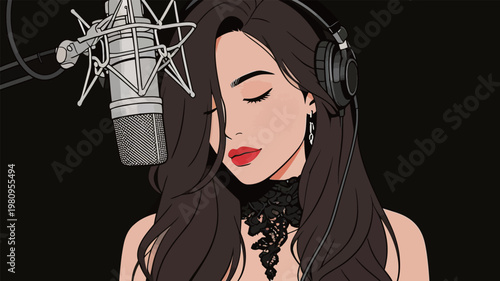 Woman Singing in Recording Studio with Microphone